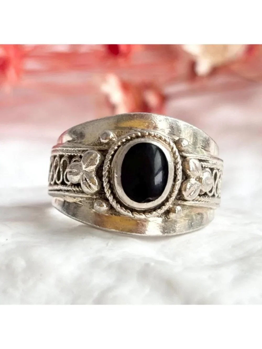 Thai Made Made Black Onyx Rope Chunky Sterling Silver 925 Vintage Ring - sz 6